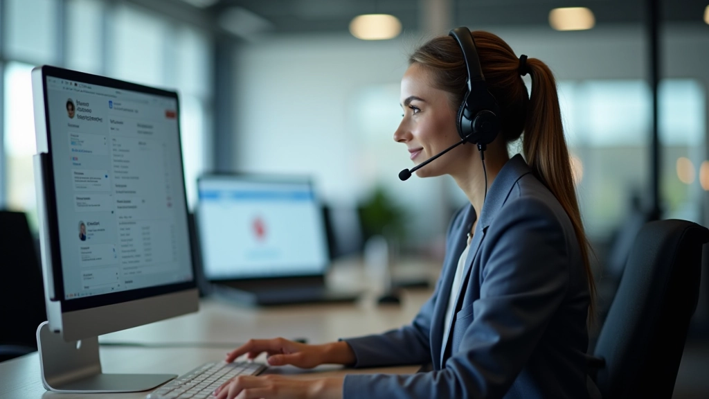 Customer service representative using chatbot interface on computer screen