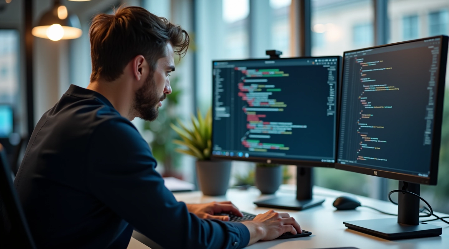 Developer working at desk with multiple monitors displaying tracking dashboard interface