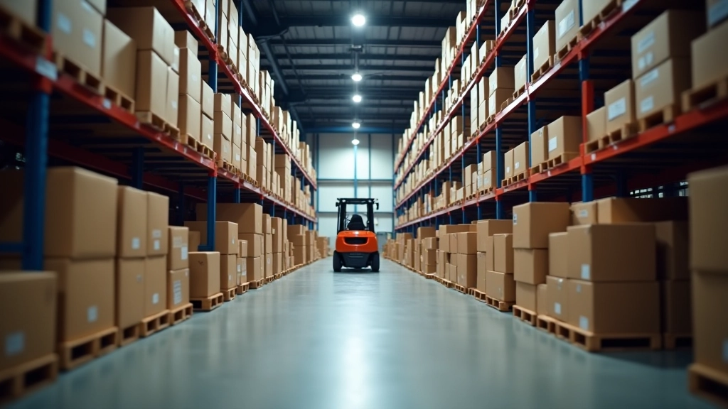 Montreal warehouse with packages and shipping containers organized in rows